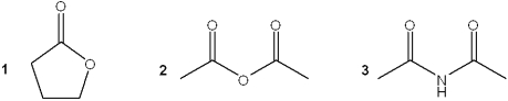 <strong>What of the following is the correct assignment of the classes of the following compounds? </strong> A)1 = lactone; 2 = ester; 3 = amide B)1 = ester; 2 = ester; 3 = imide C)1 = ester; 2 = imide; 3 = amide D)1 = lactone; 2 = anhydride; 3 = imide