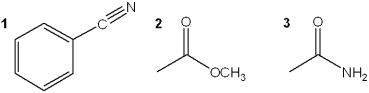 <strong>What is the correct assignment of the functional groups in the following compounds? </strong> A)1 = amide; 2 = ester; 3 = nitrile B)1 = nitrile; 2 = ester; 3 = imide C)1 = nitrile; 2 = ester; 3 = amide D)1 = amide; 2 = carboxylic acid; 3 = imide