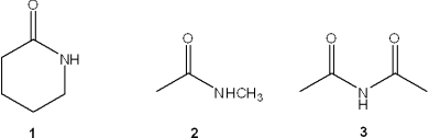<strong>What is the correct assignment of the functional groups in the following compounds? </strong> A)1 = amide; 2 = imide; 3 = nitrile B)1 = lactam; 2 = amide; 3 = imide C)1 = lactam; 2 = imide; 3 = amide D)1 = imide; 2 = amide; 3 = lactam