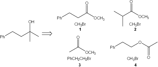 <strong>Which combination(s) of alkyl bromide and ester can be used to prepare the following product by reaction of the Grignard reagent derived from the alkyl bromide with the ester? </strong> A)only 1 B)only 2 C)only 1 and 3 D)only 2 and 4