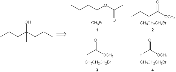 <strong>Which combination(s) of alkyl bromide and ester can be used to prepare the following product by reaction of the Grignard reagent derived from the alkyl bromide with the ester? </strong> A)only 1 B)only 3 C)only 1 and 3 D)only 2 and 4