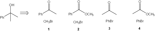 <strong>Which combination(s) of organic bromide and carbonyl compound can be used to prepare the following product by reaction of the Grignard reagent derived from the alkyl bromide with the carbonyl compound? </strong> A)only 1 B)only 1 and 2 C)only 1, 2 and 3 D)1, 2, 3 and 4
