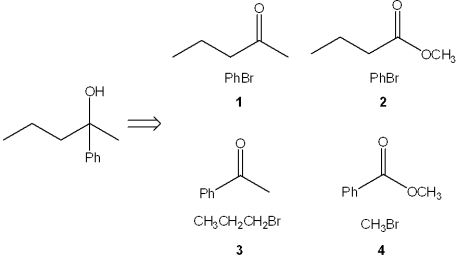 <strong>Which combination(s) of organic bromide and carbonyl compound can be used to prepare the following product by reaction of the Grignard reagent derived from the alkyl bromide with the carbonyl compound? </strong> A)only 1 B)only 1 and 2 C)only 1 and 3 D)only 3 and 4