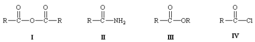Consider the following general structures.   Use the Roman numeral of the substance to answer the following questions. -The substance that is classified as an anhydride is _____.