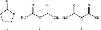 Consider the following compounds.   Use the numbers shown to answer the following questions. If none of the structures is applicable enter the word none. -An anhydride is represented by the structure numbered ____.