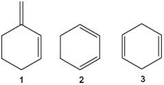 <strong>Which of the following are conjugated dienes? </strong> A)only 1 B)only 2 C)only 1 and 2 D)1, 2 and 3