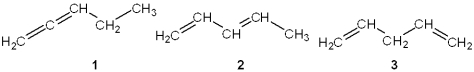 <strong>Which of the following are conjugated dienes? </strong> A)only 1 B)only 2 C)only 1 and 2 D)1, 2 and 3
