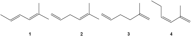 <strong>Which of the following alkenes undergoes the least exothermic hydrogenation upon treatment with H<sub>2</sub>/Pd </strong> A)1 B)2 C)3 D)4
