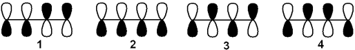 <strong>Which of the following arrangements of p atomic orbitals gives the lowest energy \pi -bonding molecular orbital of 1,3-butadiene? </strong> A)1 B)2 C)3 D)4