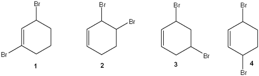 <strong>Which of the following is(are) formed upon addition of 1 mol of Br<sub>2</sub> to 1,3-cyclohexane? </strong> A)only 2 B)only 1 and 3 C)only 2 and 4 D)1, 2 and 3