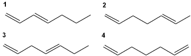 <strong>Which of the following has the highest value of \lambda <sub>max</sub> in the ultraviolet-visible spectrum? </strong> A)1 B)2 C)3 D)4
