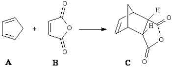 <strong>Consider the reaction below to answer the following question(s). Fill in the blank in the question with the appropriate letter. The dienophile in the reaction is ____.</strong> A)A B)B C)C