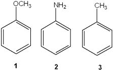 <strong>What is the correct assignment of the names of the following substituted benzenes? </strong> A)1 = phenol; 2 = aniline; 3 = anisole B)1 = benzaldehyde; 2 = anisole; 3 = toluene C)1 = anisole; 2 = xylene; 3 = toluene D)1 = anisole; 2 = aniline; 3 = toluene