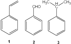 <strong>What is the correct assignment of the names of the following substituted benzenes? </strong> A)1 = styrene; 2 = benzaldehyde; 3 = cumene B)1 = anisole; 2 = benzaldehyde; 3 = toluene C)1 = styrene; 2 = xylene; 3 = toluene D)1 = aniline; 2 = phenol; 3 = cumene