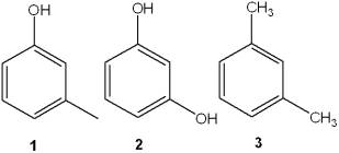<strong>Which is the correct assignment of the names of the following substituted benzenes? </strong> A)1 = phenol; 2 = m-cresol; 3 = toluene B)1 = m-cresol; 2 = resorcinol; 3 = m-xylene C)1 = anisole; 2 = catechol; 3 = m-xylene D)1 = m-cresol; 2 = anisole; 3 = cumene