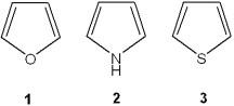 <strong>What is the correct assignment of the names of the following heterocycles? </strong> A)1 = pyrrole; 2 = thiophene; 3 = pyridine B)1 = thiophene; 2 = furan; 3 = pyrrole C)1 = furan; 2 = pyrrole; 3 = thiophene D)1 = furan; 2 = thiophene; 3 = pyrrole