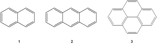 <strong>What is the correct assignment of the names of the following fused arenes?  </strong> A)1 = naphthalene; 2 = anthracene; 3 = pyrene B)1 = naphthalene; 2 = phenanthrene; 3 = coronene C)1 = naphthalene; 2 = anthracene; 3 = benzo[a]pyrene D)1 = anthracene; 2 = naphthalene; 3 = coronene <div style=padding-top: 35px> 