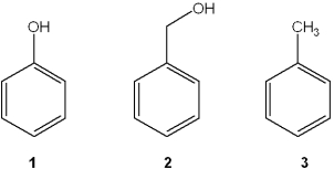 <strong>Which of the following has the compounds shown in the correct order of decreasing acidity (i.e., more acidic > less acidic)? </strong> A)1 > 2 > 3 B)2 > 1 > 3 C)3 > 2 > 1 D)1 > 3 > 2