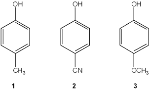 <strong>Which of the following has the compounds shown in the correct order of decreasing acidity (i.e., more acidic > less acidic)? </strong> A)1 > 2 > 3 B)2 > 3 > 1 C)3 > 2 > 1 D)2 > 1 > 3