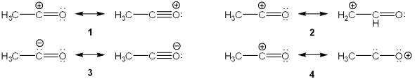 <strong>Which of the following are valid resonance structures of the electophile involved in Friedel-Crafts acylation of benzene upon treatment with CH<sub>3</sub>COCl and AlCl<sub>3</sub>? </strong> A)1 B)2 C)3 D)4
