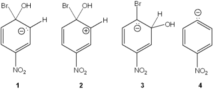 <strong>Which of the following is the reactive intermediate in the nucleophilic substitution of 4-bromo-1-nitrobenzene with sodium hydroxide? </strong> A)1 B)2 C)3 D)4