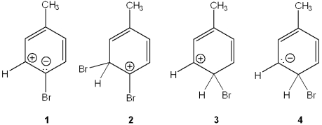 <strong>Which of the following is the reactive intermediate formed in the electrophilic bromination of toluene with Br<sub>2</sub>, FeBr<sub>3</sub>? </strong> A)1 B)2 C)3 D)4