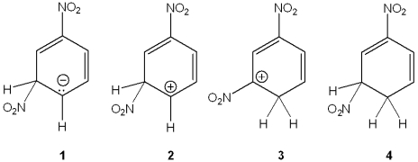 <strong>Which of the following is the reactive intermediate formed in the electrophilic nitration of nitrobenzene with HNO<sub>3</sub> and H<sub>2</sub>SO<sub>4</sub>? </strong> A)1 B)2 C)3 D)4