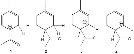 <strong>Which of the following is the reactive intermediate formed in the electrophilic Friedel-Crafts acylation of toluene with CH<sub>3</sub>COCl and AlCl<sub>3</sub>? </strong> A)1 B)2 C)3 D)4