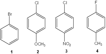 <strong>Which of the following compounds undergoes the most rapid nucleophilic substitution with hydroxide ion? </strong> A)1 B)2 C)3 D)4