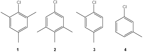 <strong>Which of the following chlorobenzenes does not undergo nucleophilic aromatic substitution upon treatment with NaNH<sub>2</sub>? </strong> A)1 B)2 C)3 D)4