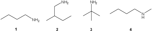 <strong>Which of the following compounds are primary (1<sup> \circ </sup>) amines? </strong> A)1 and 2 B)1 and 3 C)1, 2 and 3 D)1, 2, 3 and 4