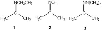 <strong>What is the correct assignment of the names of the functional groups in the following nitrogen-containing compounds? </strong> A)1 = amide; 2 = 2 amine; 3 = oxime B)1 = imine; 2 = oxime; 3 = hydrazone C)1 = 2<sup> \circ </sup>amine; 2 = oxime; 3 = hydrazine D)1 = imine; 2 = hydrazone; 3 = 2<sup> \circ </sup> amine