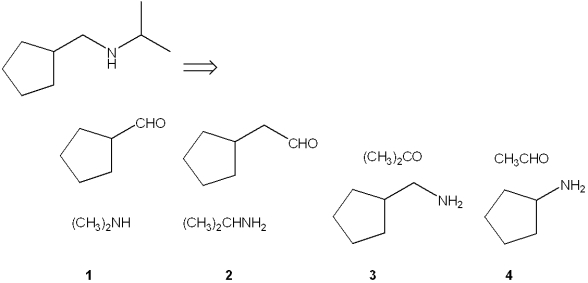 <strong>Which combination of carbonyl compound and amine can be used to prepare the following product by reductive amination? </strong> A)only 1 B)only 3 C)only 1 and 3 D)only 2 and 4