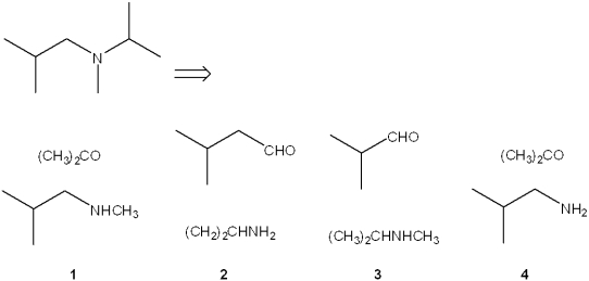 <strong>Which combination of carbonyl compound and amine can be used to prepare the following product by reductive amination? </strong> A)only 1 B)only 3 C)only 1 and 3 D)only 2 and 4