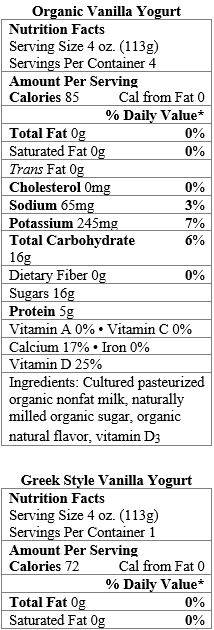 <strong> Which food items contain a nonnutritive sweetener?</strong> A)Organic Vanilla Yogurt only B)Greek Style Vanilla Yogurt only C)Fiber-Rich Vanilla Yogurt only D)Organic Vanilla Yogurt and Greek Style Vanilla Yogurt E)Organic Vanilla Yogurt and Fiber-Rich Vanilla Yogurt