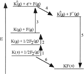 <strong>The diagram below is the Born- huber cycle for the formation of crystalline potassium fluoride. Which energy change corresponds to the electron affinity of fluorine?</strong> A) 1 B) 5 C) 4 D) 2 E) 6