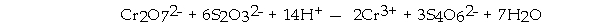 <strong>is reduced in the following reaction: </strong> A) Cr<sub>2</sub>O<sub>7</sub><sup>2</sup><sup>-</sup><sup> </sup> B) S<sub>4</sub>O<sub>6</sub><sup>2</sup><sup>-</sup><sup> </sup> C) H<sup>+</sup><sup> </sup> D) S<sub>2</sub>O<sub>3</sub><sup>2</sup><sup>-</sup><sup> </sup> E) Cr<sup>3</sup><sup>+</sup>