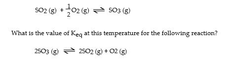 <strong>The K<sub>eq</sub><sub> </sub>for the equilibrium below is 0.112 at 700 °C. SO<sub>2 </sub>(g) + <sup> </sup><sup>1</sup><sup> </sup>O<sub>2</sub> </strong> A) 79.7 B) 8.93 C) 17.86 D) 4.46 E) 2.99