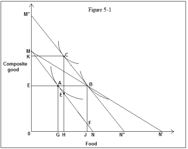 <strong>Figure 5-1 shows the preferences of a consumer for food and other goods.He is initially in equilibrium at point A where the budget line MN is tangent to the indifference curve. In Figure 5-1,the total outlay on other goods before the excise subsidy is given by _____. </strong> A)0M B)0N C)0E D)0G