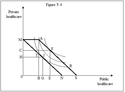 <strong>Figure 5-4 shows a family's preferences for public and private healthcare.Refer to Figure 5-4.Suppose the government offers a fixed quantity subsidy of healthcare valued at $B0.The new budget line becomes _____. </strong> A)MAS B)MATN C)MN D)AS
