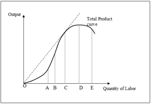 Use the following figure to answer the questions : Figure 7-1 shows the total product curve for different levels of a variable input,labor. -Refer to Figure 7-1.To the left of point B: