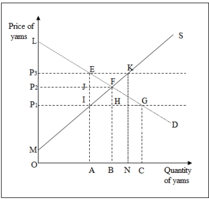 <strong>The following figure shows the effect of a price ceiling in the market for yams.The market was initially in equilibrium at price P<sub>2 </sub>and quantity B. Refer to Figure 10-1.The total surplus at the initial point of equilibrium,F,is given by _____.</strong> A)LFP<sub>2</sub> B)LFGP<sub>1</sub> C)LFM D)LFIP<sub>1</sub>
