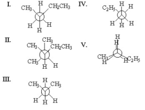 <strong>Which of the following is the staggered conformation for rotation about the C<sub>1</sub>-C<sub>2</sub> bond in the following structure? </strong> A)I B)II C)III D)IV E)V
