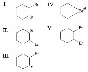 <strong>Which reaction intermediate is formed when Br<sub>2</sub>/CCl<sub>4</sub> reacts with cyclohexene? </strong> A)I B)II C)III D)IV E)V