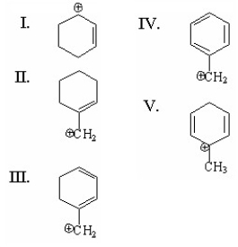 <strong>Which of the following is a benzylic cation? </strong> A)I B)II C)III D)IV E)V