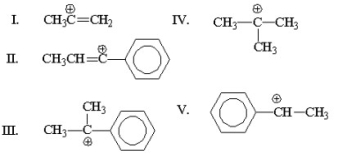 <strong>Which of the following is the most stable cation? </strong> A)I B)II C)III D)IV E)V