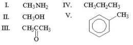 <strong>Which of the following methyl groups will exhibit the most downfield (highest)chemical shift in <sup>1</sup>H NMR spectroscopy? </strong> A)I B)II C)III D)IV E)V
