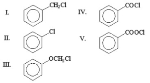<strong>Which of the following compounds is benzoyl chloride? </strong> A)I B)II C)III D)IV E)V