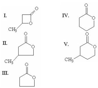 <strong>Which of the following compounds is g-butyrolactone? </strong> A)I B)II C)III D)IV E)V