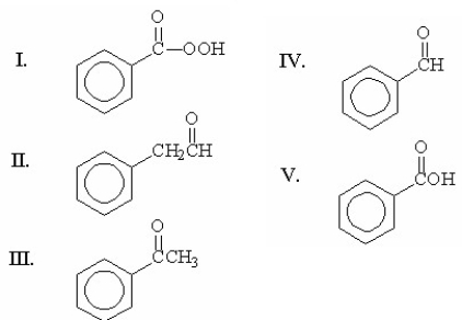 <strong>Which of the following compounds is benzaldehyde? </strong> A)I B)II C)III D)IV E)V